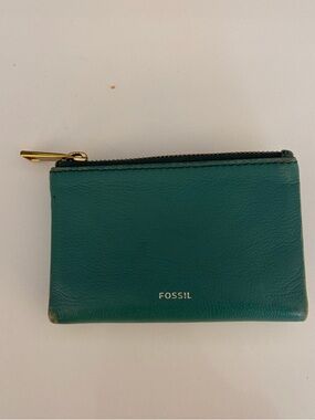 Fossil Teal Zip Leather Trifold Card Wallet with Gold Hardware